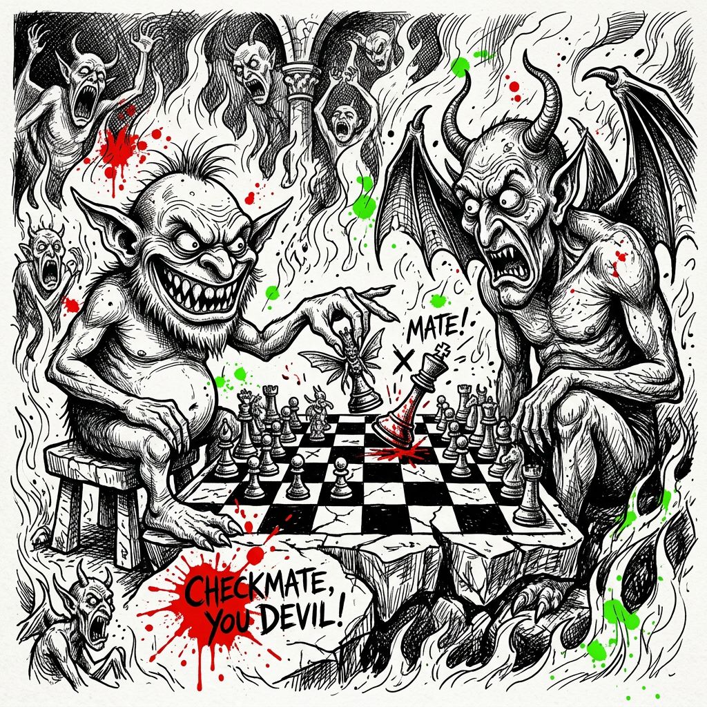 Checkmate Satan featuring the same JUNCY character in a different scene