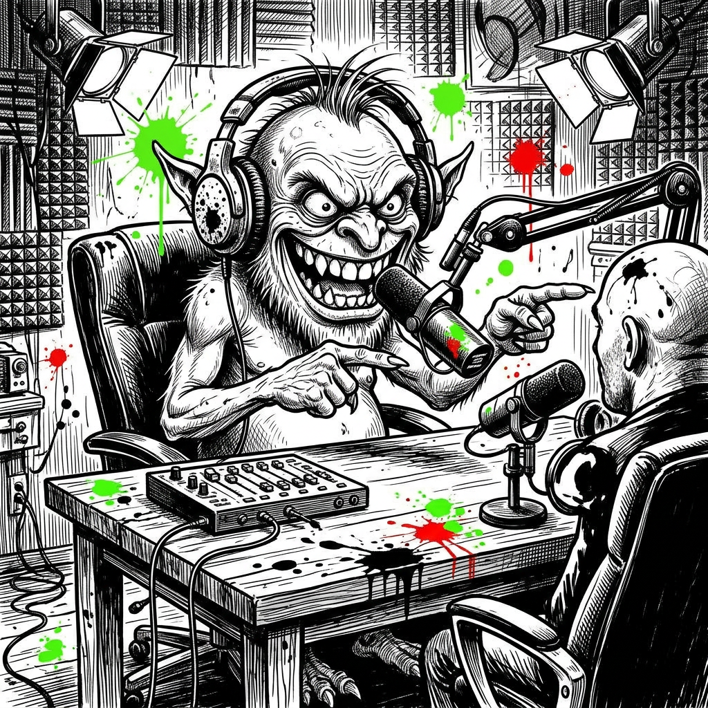 Podcast trench talk featuring the same JUNCY character in a different scene